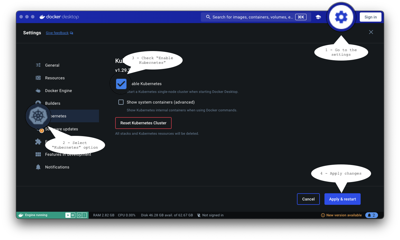 Pantalla de configuración de Kubernetes en Docker Desktop